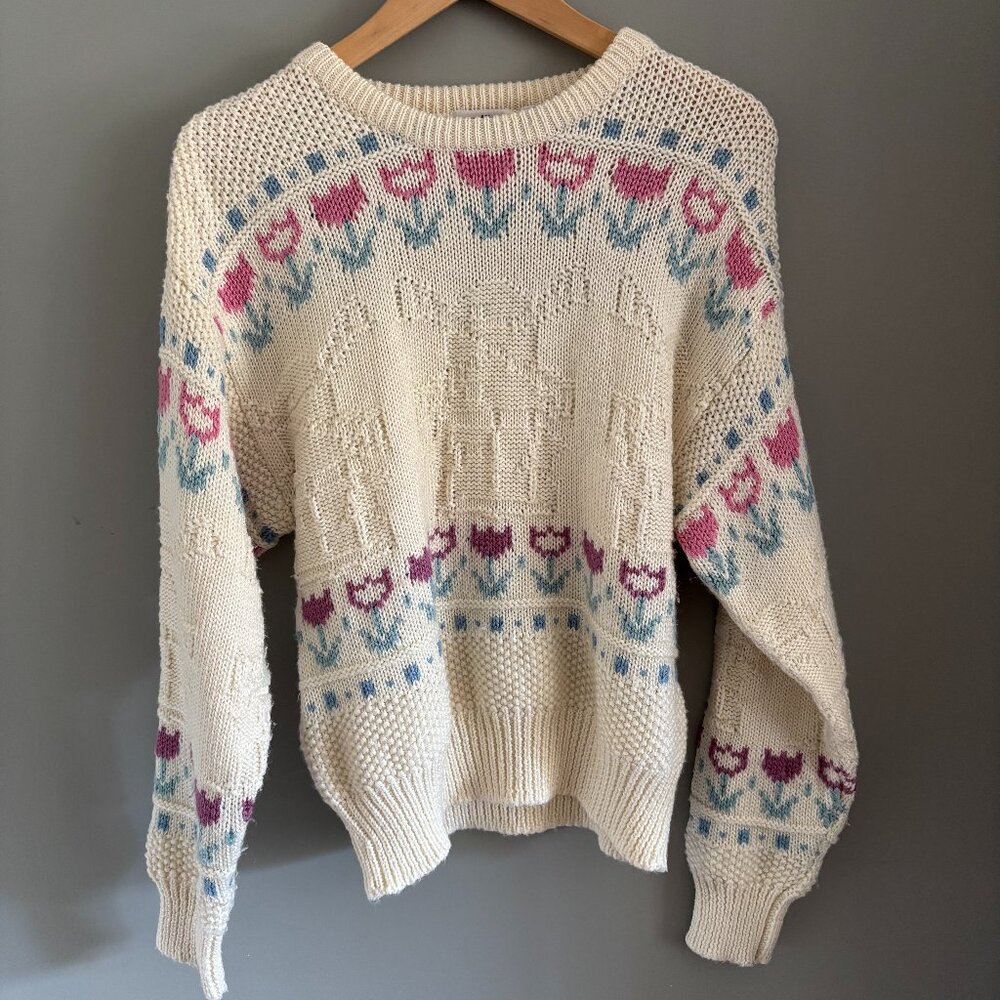 90s Cream Floral Crew Neck Sweater